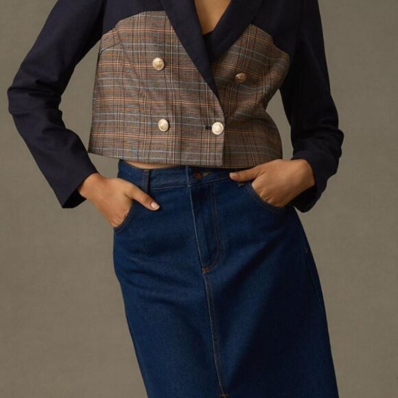 Anthropologie Dolan Corset Blazer Blue Plaid Linen Blend Size Small - Picture 3 of 9